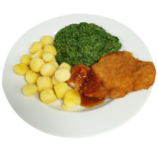 Kipschnitzel Kippenjus Spinazie a la crème Krielaardappelen gekookt